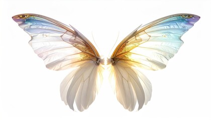Delicate Butterfly Wings with Iridescent Blue and Golden Hues Illuminated by Soft Light on a White Background