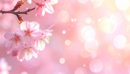Delicate Pink Cherry Blossoms with Soft Bokeh Lights Gentle Spring Morning Sunlight Illuminating Delicate Petals and Branches