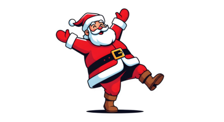 Joyful santa claus dancing with arms raised in a festive red suit and hat against a black background