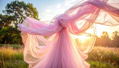 Delicate Pink Fabric Billowing in Golden Hour Sunlight Across a Grassy Field with Trees in the Background