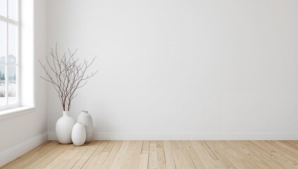 Interior view of a blue minimalist room featuring hardwood flooring and vases, showcasing a serene atmosphere