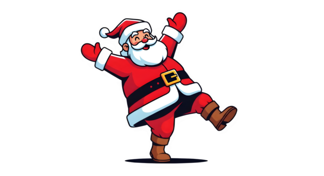 Joyful santa claus dancing with arms raised in a festive red suit and hat against a black background