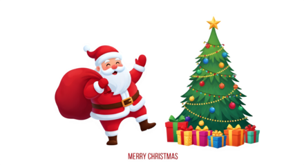 Santa claus with a sack of presents standing next to a decorated christmas tree with gifts below