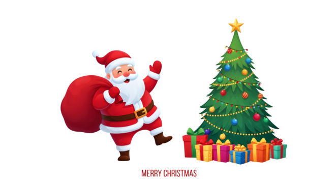 Santa claus with a sack of presents standing next to a decorated christmas tree with gifts below