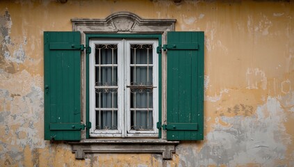 Weathered yellow wall with old window and green shutters, preservation