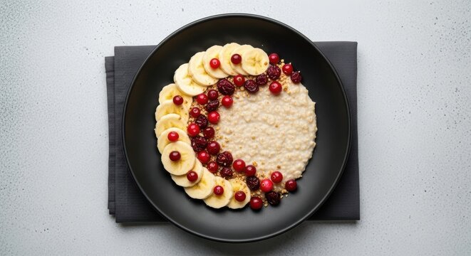 A black bowl of oatmeal topped with sliced bananas and red cranberries, arranged in a decorative swirl on a dark napkin - Powered by Adobe