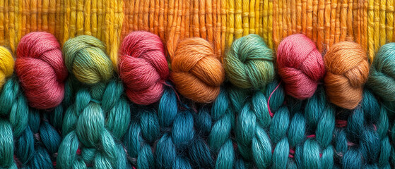Vibrant display of textured yarns arranged in a colorful pattern on a woven surface ai, yarn, textile, weaving, craft, color, artistry, handmade, texture, fibers, pattern, green, orange, blue, soft, t