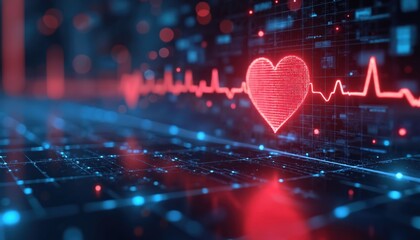 Digital heart beat graph with tech circuit board. Red cardiogram pulse line on dark background. Medical innovation, health care data analysis screen.