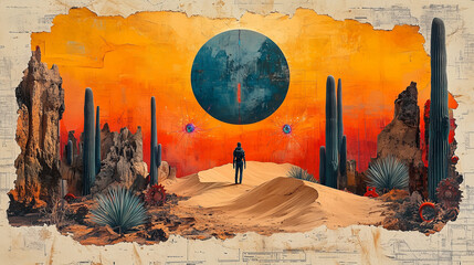 Surreal landscape with a solitary figure under an abstract sky at sunset in a desert setting ai, desert, surrealism, sunset, landscape, figure, cacti, rocks, sand, dunes, abstract, mystical, solitude,