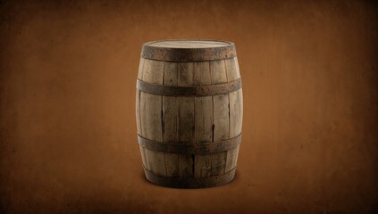 Naklejka premium Old wooden barrel set against a rich brown backdrop, ideal for rustic-themed visuals