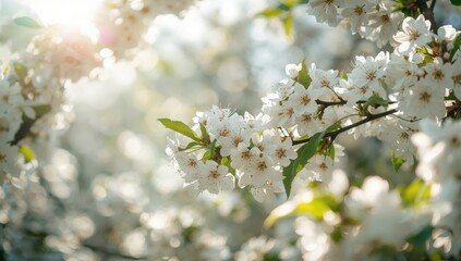 Obraz premium Springtime showcases a vibrant floral backdrop featuring blooming white flowers, seasonal change