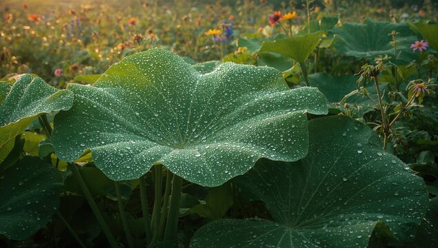 Inspirational image of taro leaves covered in morning dew