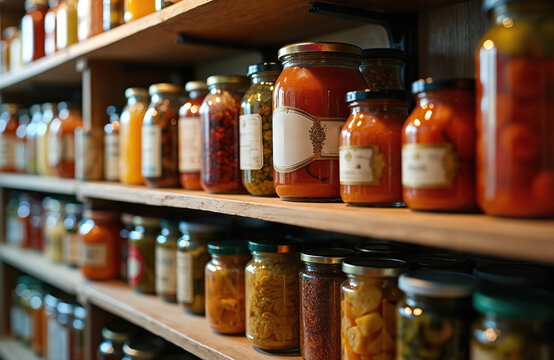 Pantry shelves hold numerous glass jars filled with preserved foods like sauces vegetables, pickles. Organized storage of canned goods provides look at home food preservation, pantry stocking.