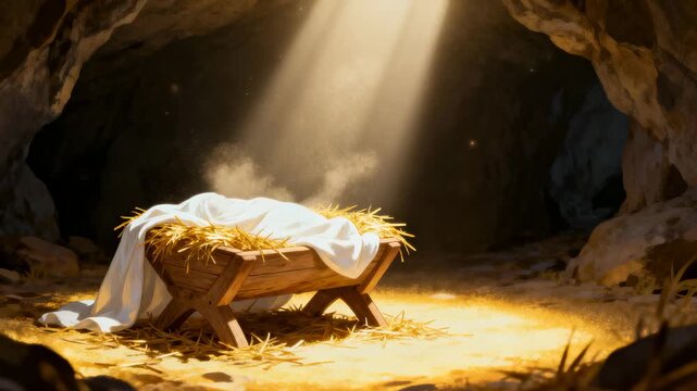 An empty manger in a cave illuminated by a divine light beam. The holy nativity scene representing the birth of Jesus Christ. Vertical animated video for the Christmas story