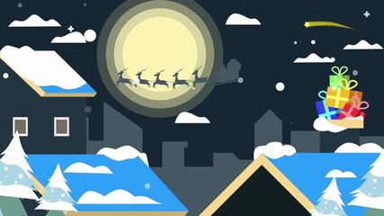 Santa Claus Sleigh Ride Over Snowy Rooftops at Night with Full Moon reindeer christmas - Powered by Adobe