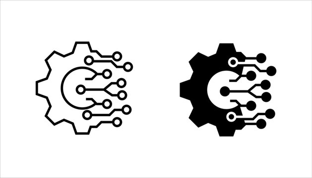 gear-circuit-technology-icon set. Dual-style icon showing a gear combined with digital circuit lines, symbolizing technology integration, automation, innovation, digital engineering, and modern machin