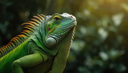 Fototapeta premium Close-up of an Iguana in a lush tropical forest, showcasing vibrant green skin and natural habitat, preservation