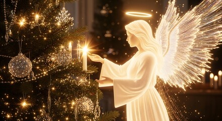 Fototapeta premium An ethereal angel with glowing wings stands beside a decorated tree, holding a lit candle softly.