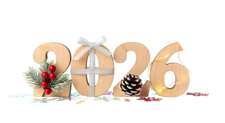 Wooden numbers spelling out the year 2026 with christmas decorations, the numbers are beige  isolated on transparent background