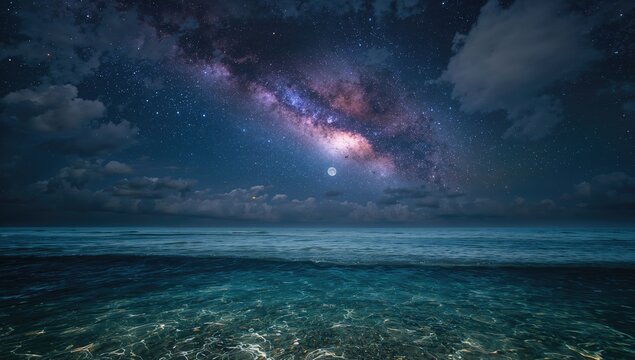 Breathtaking seascape featuring a radiant nebula and glowing full moon over a shimmering ocean floor, atmospheric beauty