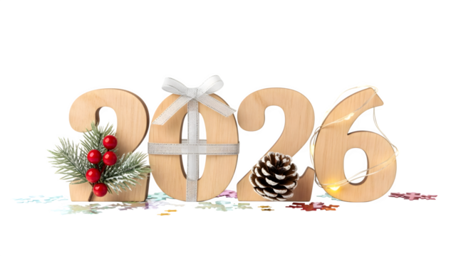 Wooden numbers spelling out the year 2026 with christmas decorations, the numbers are beige  isolated on transparent background