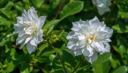 Fototapeta premium White blossoms surrounded by lush green foliage, emphasizing natural beauty in a garden setting