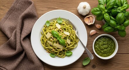 A delicious plate of spaghetti with pesto sauce, garnished with pine nuts, parmesan cheese, and fresh basil leaves