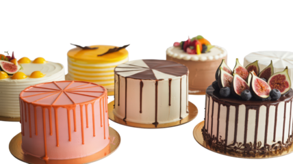 Assortment of Delicious Cakes with Fruity Toppings and Chocolate Drizzle on Golden Stands a Tempting Collection of Flavors and Textures Displayed in a Visually Appealing Manner Confectionery