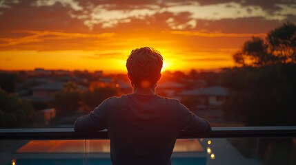 Fototapeta premium Sunset contemplation over a tranquil neighborhood with a breathtaking sky view ai, sunset, contemplation, balcony, neighborhood, sky, colors, orange, pink, tranquility, person, evening, homes, swimmin