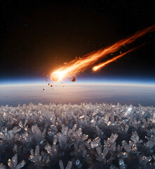 Naklejka premium Macro cosmic phenomena showing planets, moons, meteor fragments, nebula gas, crystalline frost, dust fields and stellar light captured in ultra-detailed, cinematic, atmospheric deep-space compositions