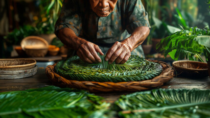 Elderly artisan skillfully crafting traditional leaves into intricate designs in a serene workshop ai, artisan, leaves, crafting, workshop, elder, skill, tradition, nature, hands, weaving, palm, cultu