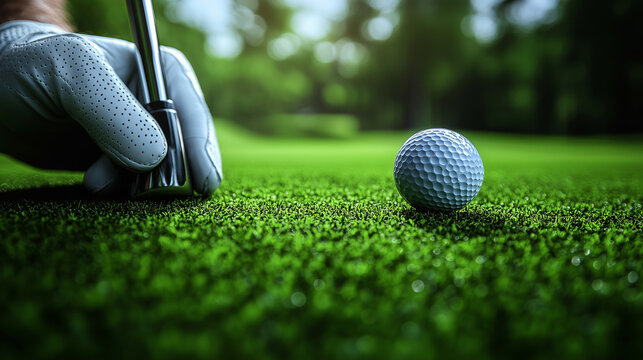 Close-up of a golfer preparing to strike a golf ball on a lush green course in the morning ai, golf, golfer, ball, grass, club, sport, outdoor, green, playing, swing, nature, equipment, skill, leisure - Powered by Adobe