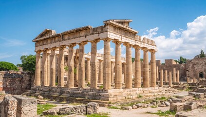 Fototapeta premium Paestum ruins featuring three ancient Greek temples in Doric style, historical preservation