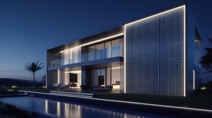 High tech modern house with sleek metallic surfaces and angular lines glowing under a dark night sky with a canvas of stars, digital accents such as neon strips and LED lights symbolizing futuristic s
