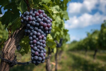 Clusters of Grapes Hanging in a Vineyard