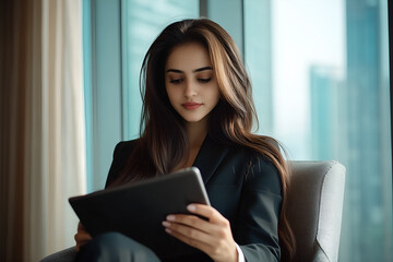 Confident businesswoman reviewing strategy on tablet in modern office setting, planning for future success and innovation in a competitive market