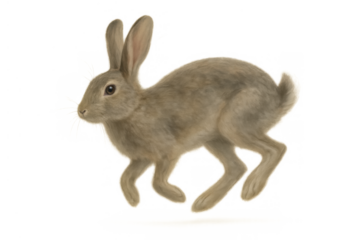 Wild brown rabbit hopping, running quickly with dynamic motion, a cute hare animal on transparent background