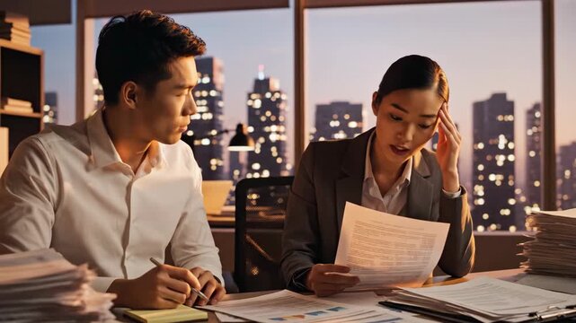 Asian business team collaborating on project late at night with city view, striving for success and growth in finance industry