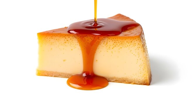 A delicious slice of cheesecake with caramel sauce being poured on it, pudim slice