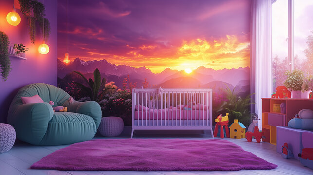 Cozy nursery with sunset mural and playful decor creating a serene atmosphere for a child's space ai, nursery, children's, room, sunset, mural, cozy, teal, chair, crib, indoor, plants, purple, decor, - Powered by Adobe