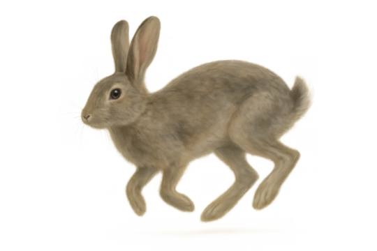 Wild brown rabbit hopping, running quickly with dynamic motion, a cute hare animal on transparent background