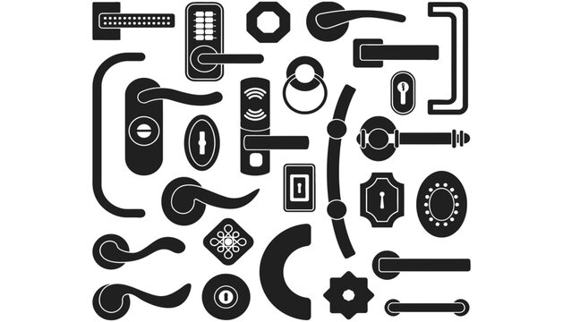 Collection of various black door handles and keyholes on white background
