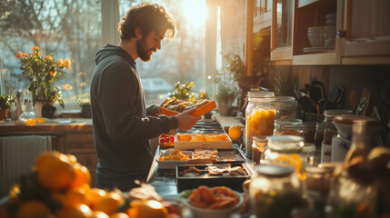 Man prepares fresh ingredients in a sunlit kitchen surrounded by fruits and vegetables for a healthy meal ai, cooking, kitchen, fresh, produce, healthy, meal, fruits, vegetables, sunlight, preparation