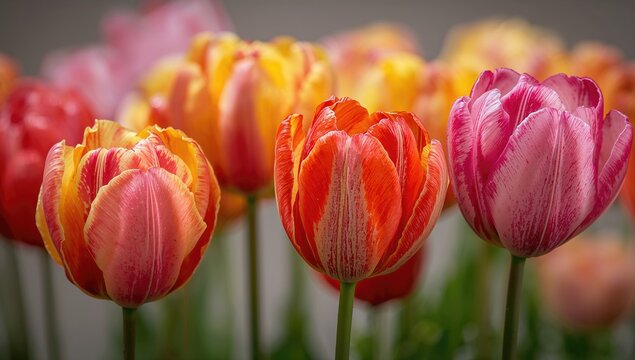 Vibrant tulip blooms showcasing their colorful petals and unique bulb structures, adding a seasonal touch to spring gardens