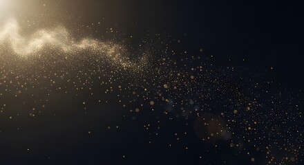 Radiant golden particles cascade across a dark expanse, creating a magical and shimmering effect.