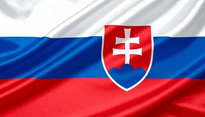 Fototapeta premium Slovak national flag with white, blue, and red stripes featuring coat of arms with double cross.