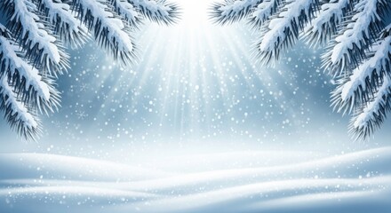 Winter snow scene with fir branches and sunbeams isolated on white background