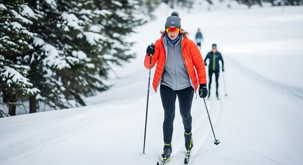 Woman in bright orange jacket cross country skiing on a snowy forest trail with friends