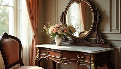 Antique dressing table with ornate oval mirror and marble top. Bouquet of roses in vase sits on surface. Elegant chair nearby, window with curtains behind.