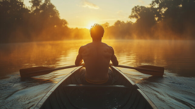 Sunrise over calm waters as a person rows a canoe amidst misty surroundings ai, canoe, sunrise, river, mist, rower, silhouette, nature, tranquility, morning, calm, water, reflection, paddling, solitud - Powered by Adobe